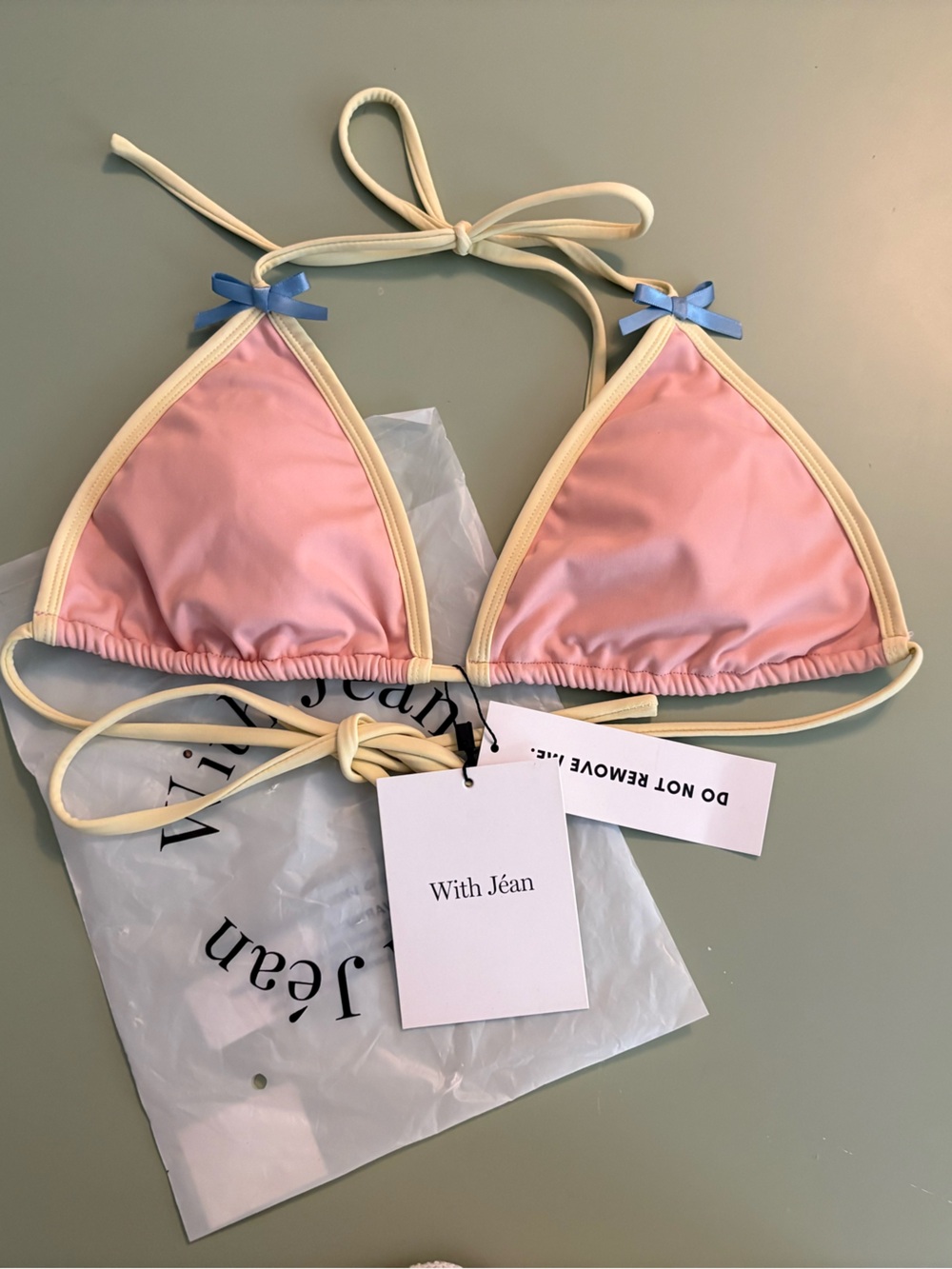 With Jean Light Pink Triangle Bikini Top with Cream Trim